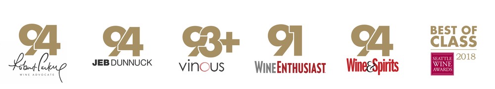 94 points  Robert Parker, 94 Points Jeb Dunnuck, 93+ Points Vinous, 91 Points Wine Enthusiast, 94 Wine & Spirits, Best of Class 2018 Seattle Wine Awards